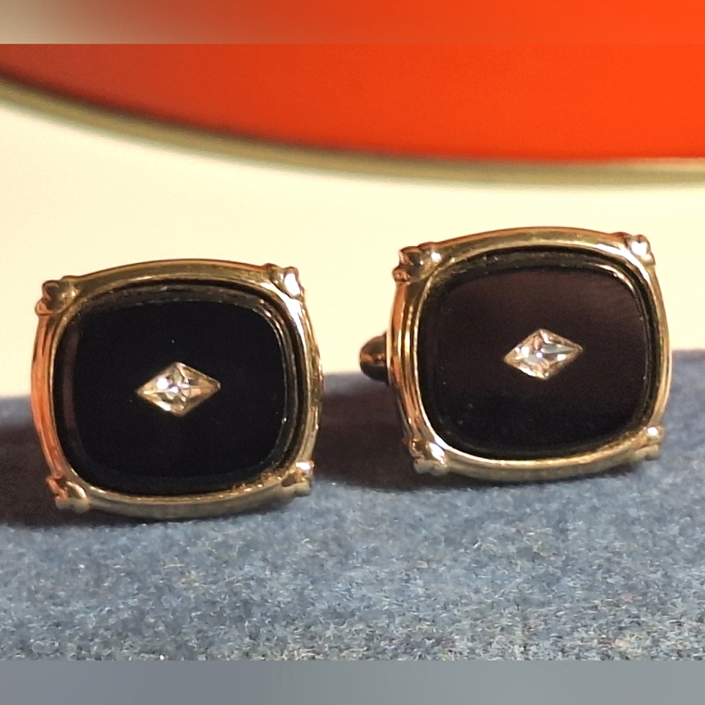 Vintage SHIELDS | Goldtone/Black/Glass Diamond Cuff Links